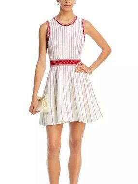 Milly Vertical Textured Knit Dress Red & White Sleeveless Fit & Flare